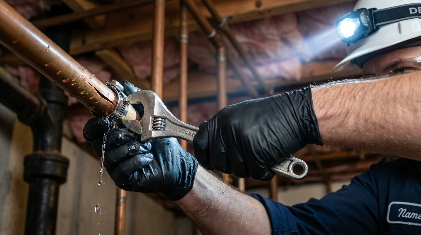 Emergency pipe clamp repair being performed by a Johns Plumbing LLC plumber in Nyssa