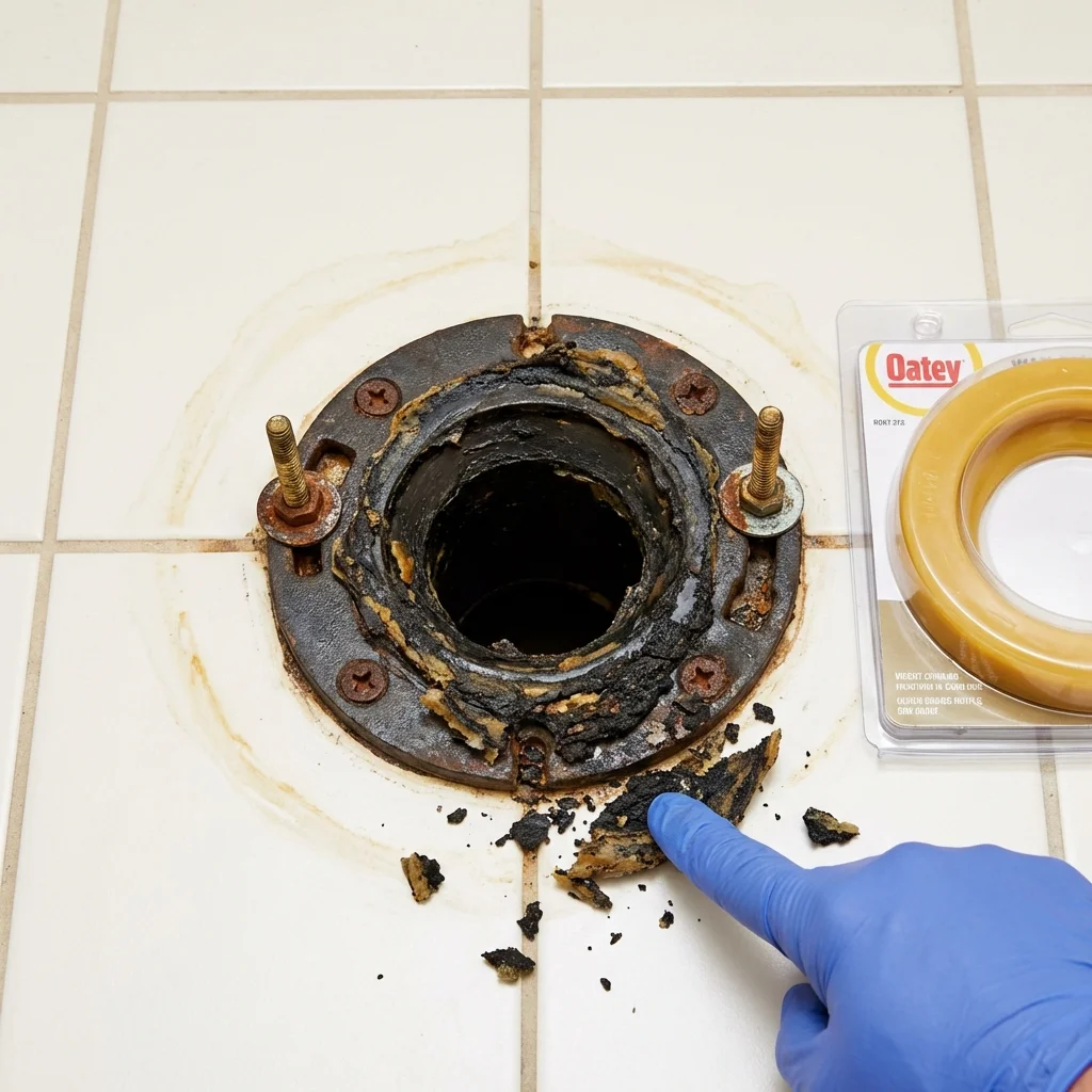 Failed wax ring showing water seepage at the base of a toilet in a Nyssa, OR home