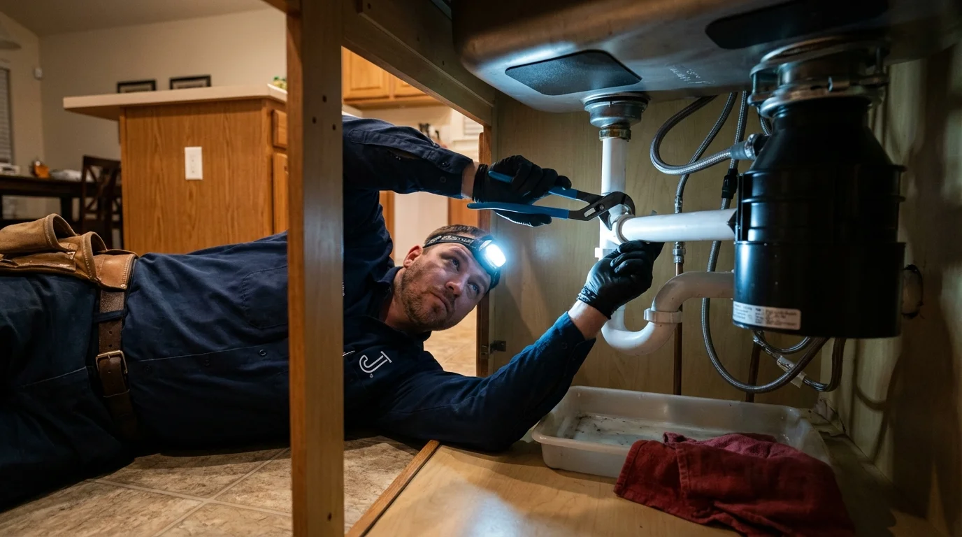 P-trap and supply line connections under a kitchen sink showing a common leak point in Nyssa, OR